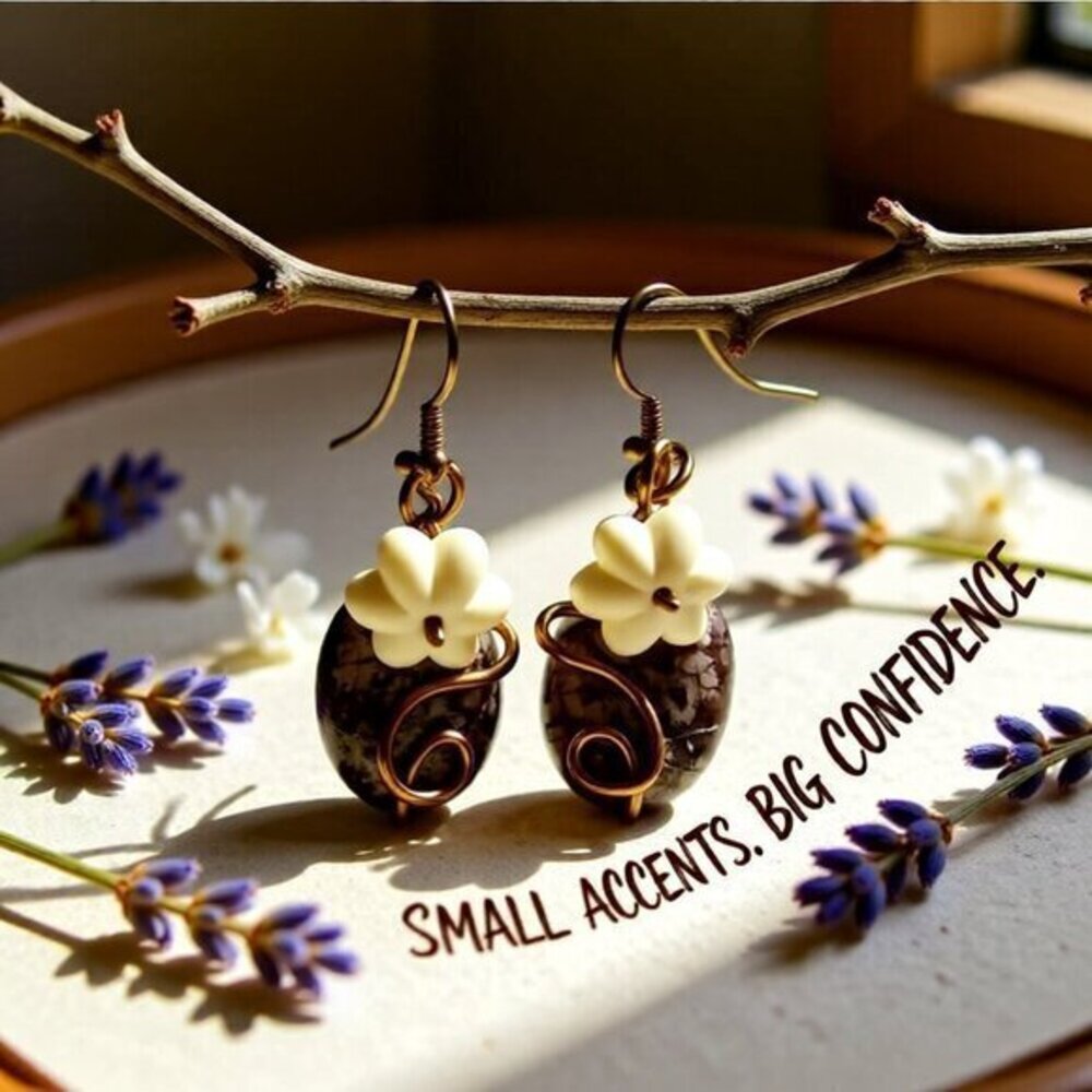 Cute & Feminine! Mottled Brown Jasper + Cream Pumkin Fall Dangle Earrings